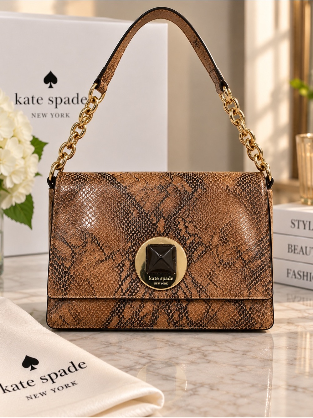 Kate Spade Brown Snake Print Shoulder Bag Gold Chain Pyramid Turnlock